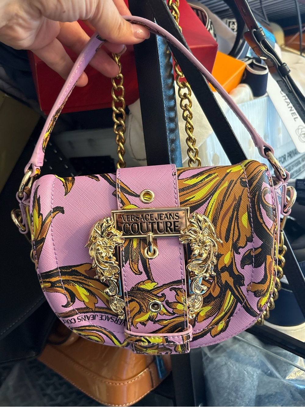 Versace Jeans Couture Pink Baroque-Print Mini Shoulder Bag with Gold Hardware